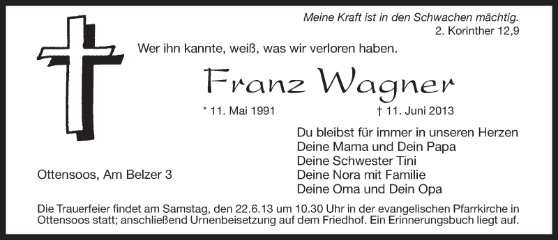  Traueranzeige für Franz Wagner vom 15.06.2013 aus Pegnitz-Zeitung